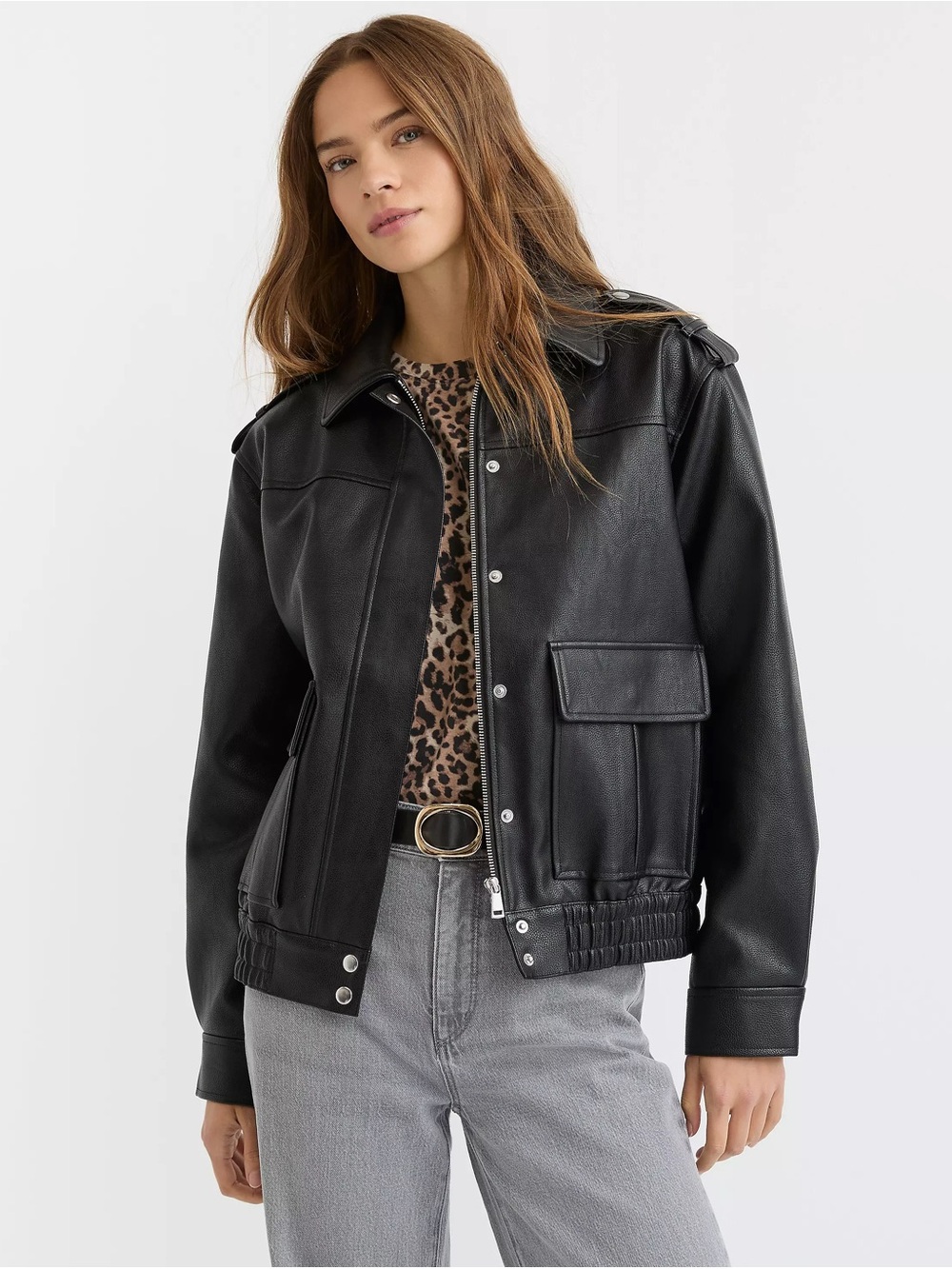 LOFT Black Faux Leather Bomber Jacket